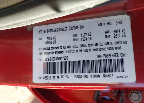 2001 Chrysler 300M из США, поврежденный, VIN 2C3HE66G41H647935